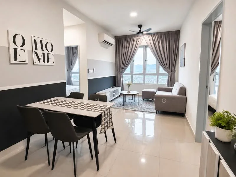 Living features: grey fabric sofa, 4-seater dining table, black dining chairs, area rug with geometric pattern, floor-to-ceiling windows, curtains, wall-mounted air conditioning unit, decorative wall art, light-colored walls, glossy tile flooring, ceiling fan; style: modern; view: city.