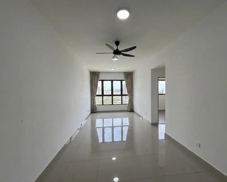 Living features: white painted walls, glossy ceramic tile flooring, 5-blade ceiling fan with light, floor-to-ceiling windows, curtains, natural light, neutral color scheme, open layout; style: modern; view: city.