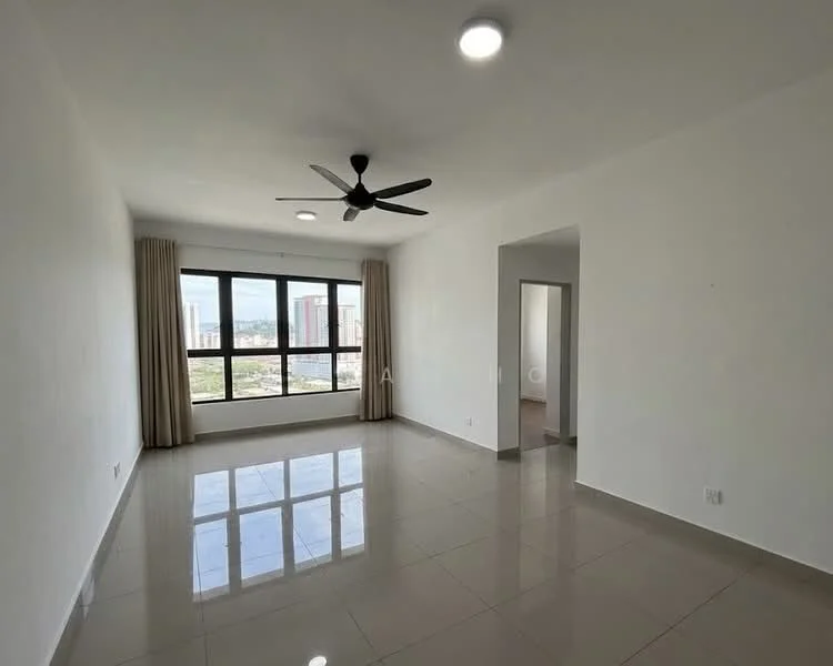 Living features: white painted walls, glossy ceramic tile flooring, 5-blade ceiling fan with light, floor-to-ceiling windows, curtains, natural light, city view, recessed downlights; style: modern; view: city.