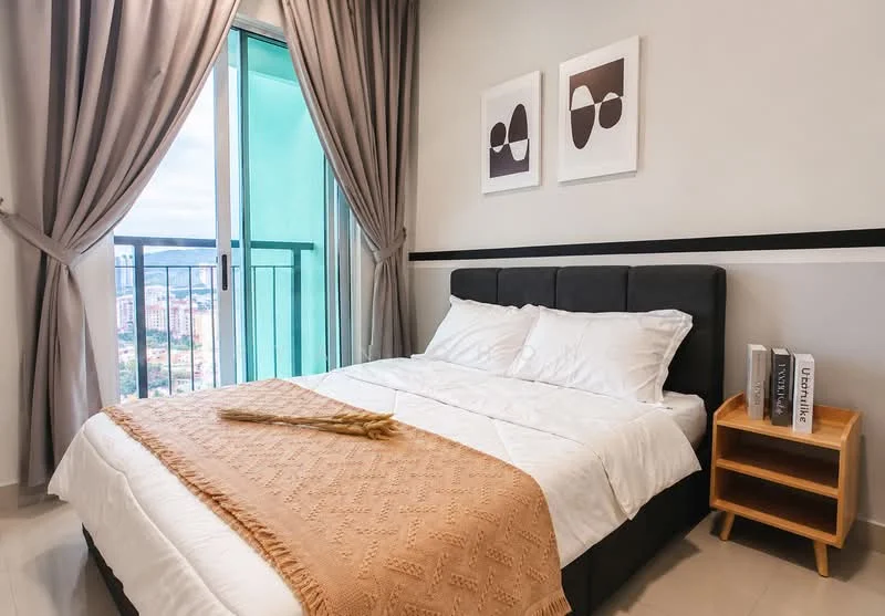Bedroom features: queen-size bed with upholstered headboard, white bedding with decorative throw, wooden bedside table, framed artwork on walls, floor-to-ceiling window with sheer curtains, grey accent wall, light-colored tiled flooring, decorative throw blanket, city view from window; style: modern; view: city.