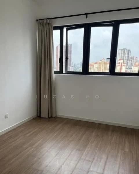 Room features: white painted walls, laminate flooring, floor-to-ceiling windows, curtains, city view; view: city.