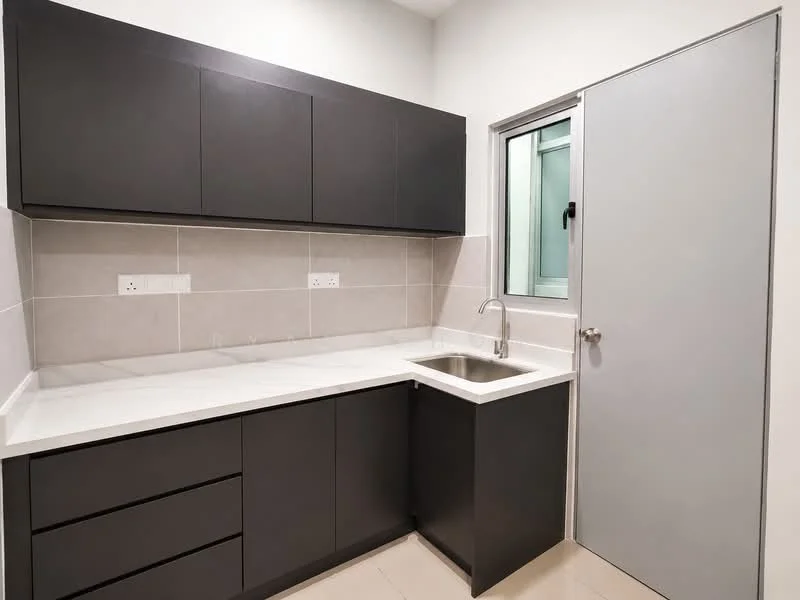 Kitchen features: black flat-panel cabinets, white marble countertop, single-bowl stainless-steel sink, chrome pull-down faucet, grey tiled backsplash, light grey wall tiles, cream floor tiles, window with green frame, grey door, under-cabinet lighting; style: modern.