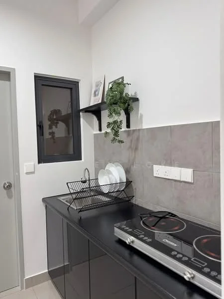 Kitchen features: black cabinetry, grey tiled backsplash, white plates on rack, shelf with potted plant, double-bowl stainless-steel sink, induction cooktop, wall-mounted window, light-colored wall, tile flooring; style: modern.