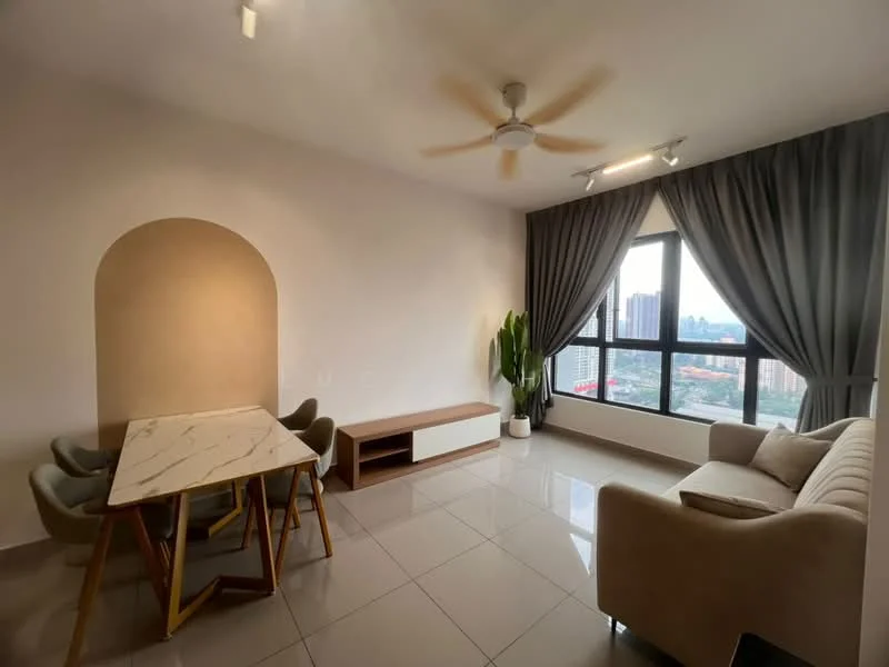 Living features: 5-blade ceiling fan with light, floor-to-ceiling windows, grey curtains, light-coloured sofa, marble-top dining table, 4 upholstered dining chairs, wooden TV console, potted plant, glossy tile flooring, neutral painted walls; style: modern; view: city.