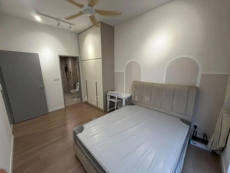 Bedroom features: queen-size bed with upholstered headboard, light wood flooring, white painted walls, built-in wardrobe with sliding doors, ceiling fan, recessed lighting, window with sheer curtains, door leading to bathroom; style: modern. Bathroom features: shower with glass enclosure, toilet, vanity with sink, tile flooring, white tiled walls.