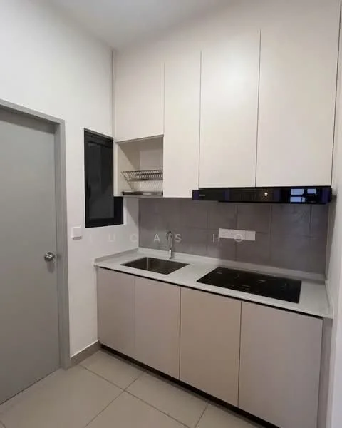 Kitchen features: white cabinetry, grey tiled backsplash, double-bowl stainless-steel sink, chrome pull-down faucet, built-in induction cooktop, open shelving above sink, light grey countertop, wall-mounted cabinet, floor tiles in light grey, window for natural light, door leading to hallway; style: modern.