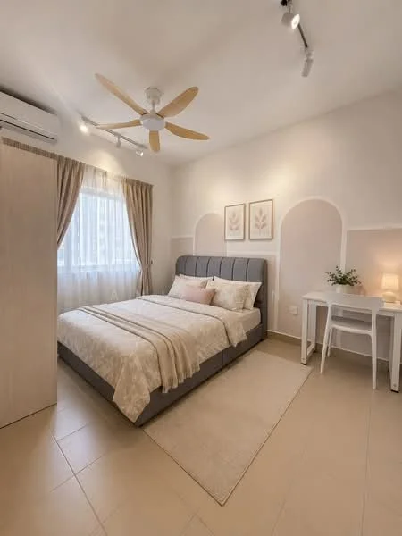 Bedroom features: king-size bed with upholstered headboard, bedding in neutral tones, 2 bedside lamps, white study desk, wooden chair, area rug, floor-to-ceiling window with sheer curtains, 5-blade ceiling fan with light, built-in wardrobe, light-colored walls, recessed lighting; style: modern; view: city.
