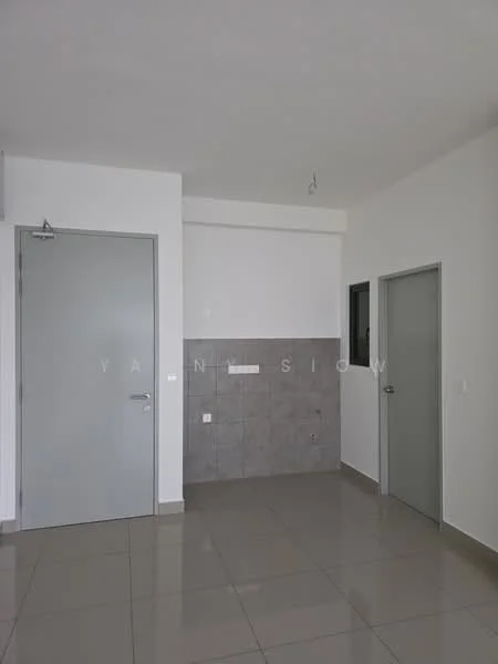 Room features: grey tiled wall, white painted walls, glossy ceramic tile flooring, single door, double door, small window, ceiling light fixture, wall-mounted electrical outlet; style: modern.