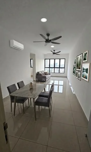 Living features: white painted walls, glossy tile flooring, 5-blade ceiling fan with light, 5-blade ceiling fan with light, sofa in light grey fabric, coffee table, 6-seater dining table with marble top, upholstered dining chairs, floor-to-ceiling windows, city view, recessed downlights, decorative wall art; style: modern; view: city.