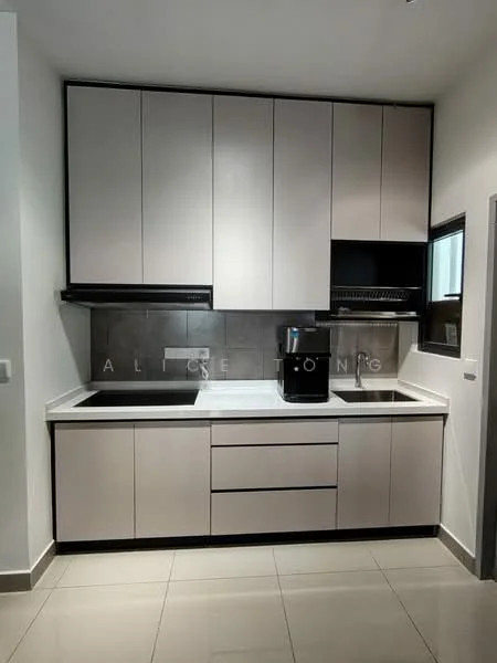 Kitchen features: light grey cabinetry, black handles, white countertop, single-bowl stainless-steel sink, chrome pull-down faucet, black backsplash, built-in coffee machine, under-cabinet lighting, ceramic tile flooring, wall-mounted storage, window for natural light; style: modern.