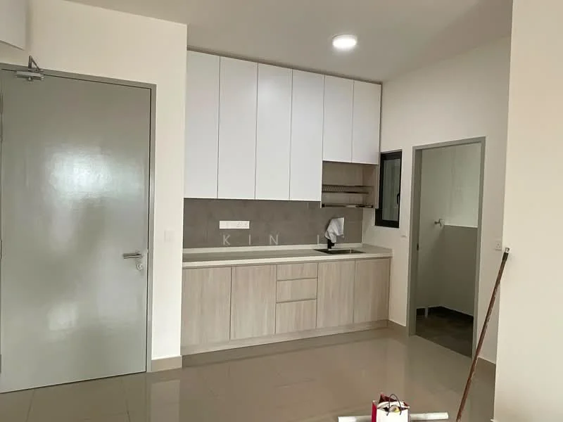 Kitchen features: white upper cabinets, light wood lower cabinets, grey tiled backsplash, single-bowl stainless-steel sink, chrome pull-down faucet, countertop with light grey surface, built-in oven, stainless-steel range hood, recessed downlights, ceramic tile flooring, window with black frame, open shelving, kitchen island, wall-mounted cabinet; style: modern.