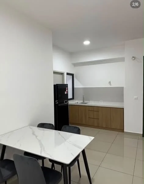 Kitchen features: white painted walls, marble dining table, black dining chairs, grey backsplash, white countertop, wood cabinetry, stainless-steel fridge, single-bowl stainless-steel sink, chrome pull-down faucet, recessed downlights, ceramic tile flooring; style: modern.