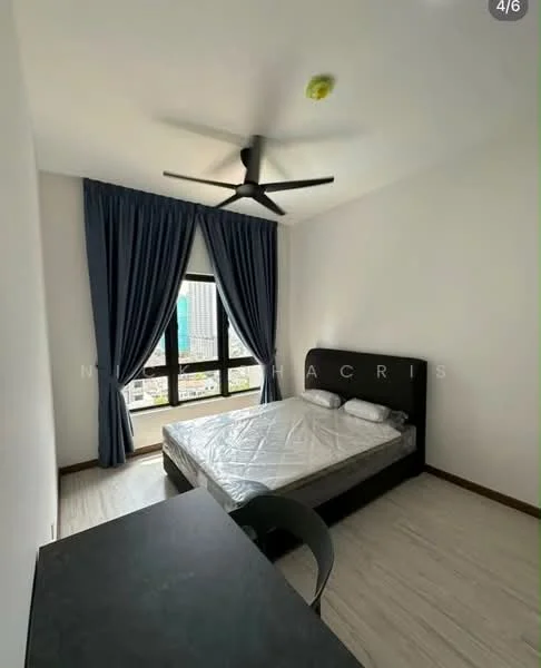 Bedroom features: queen-size bed, upholstered headboard, floor-to-ceiling window, blackout curtains, 5-blade ceiling fan, light-colored walls, laminate flooring, desk with chair; style: modern; view: city.