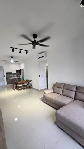 Living features: 3-seater fabric sofa in beige, ceiling fan with 5 blades, recessed LED downlights, wall-mounted air conditioning unit, tile flooring, white painted walls, track lighting, open layout to kitchen and dining area; style: modern. Kitchen features: kitchen island, stainless-steel fridge, built-in cabinetry, ceramic tile flooring, white walls; style: modern. Dining features: 4-seater dining table, wooden dining chairs, open layout to living area; style: modern.