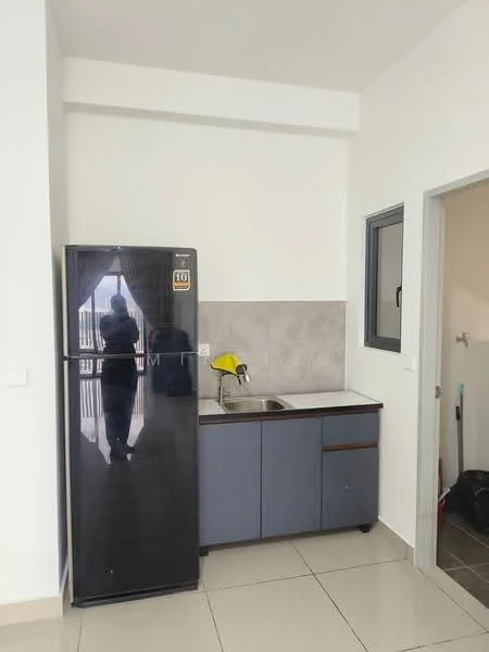 Kitchen features: black fridge, single-bowl stainless-steel sink, chrome pull-down faucet, grey cabinetry, light grey tile backsplash, white walls, white ceiling, floor tiles, window with view, countertop, kitchen cabinet with drawers; style: modern.