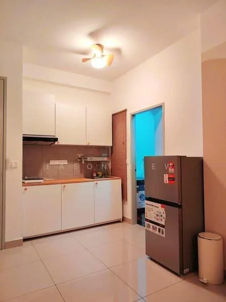 Kitchen features: white cabinetry, grey countertop, stainless-steel fridge, built-in stove with hood, ceramic tile flooring, recessed ceiling lights, ceiling fan, window with blinds; style: modern.