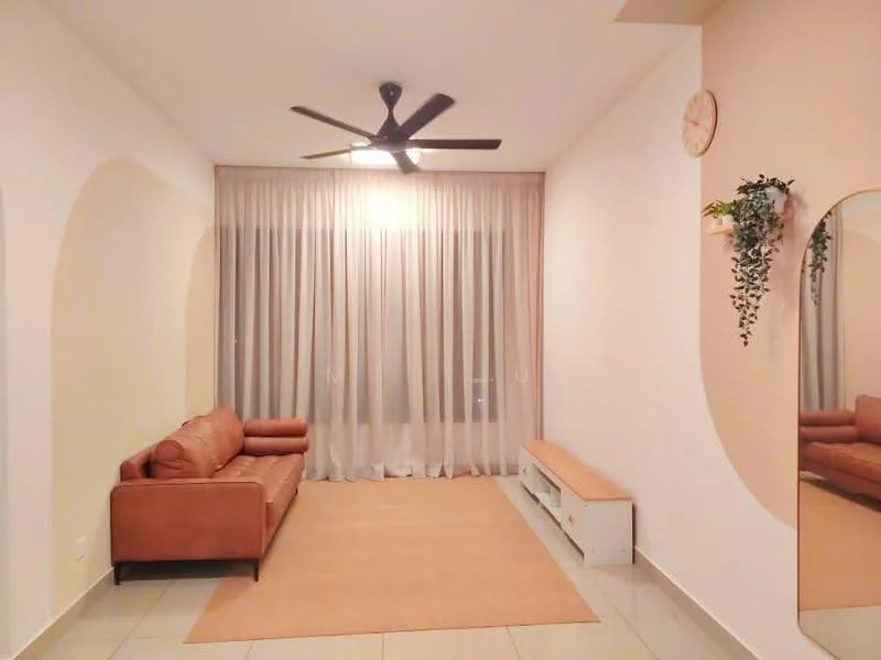 Living features: 3-seater leather sofa in brown, ceiling fan with light, floor-to-ceiling windows with sheer curtains, light-coloured area rug, wall-mounted TV console, wooden bench, decorative mirror, wall clock, indoor plant, white painted walls, tile flooring; style: modern.