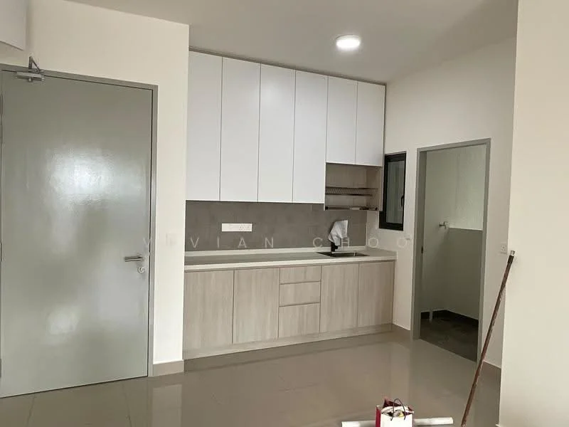 Kitchen features: white upper cabinets, light wood lower cabinets, grey tiled backsplash, single-bowl stainless-steel sink, chrome pull-down faucet, built-in countertop, recessed downlights, ceramic tile flooring, window with black frame, open shelving, kitchen appliances visible; style: modern. Room features: plain white walls, light grey door, door frame with no visible details.