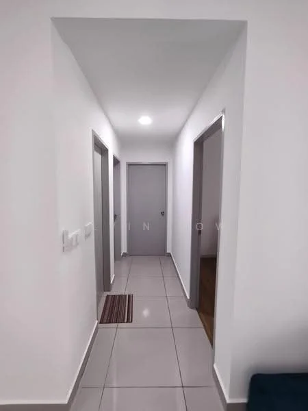 Hallway features: white painted walls, grey doors, tile flooring, recessed ceiling lights, doormat, neutral color scheme; style: modern.