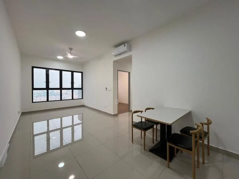 Living features: white painted walls, glossy ceramic tile flooring, 5-blade ceiling fan with light, 1 wall-mounted split AC, floor-to-ceiling windows, blackout curtains, dining table with 4 chairs, natural light from windows; style: modern; view: city.