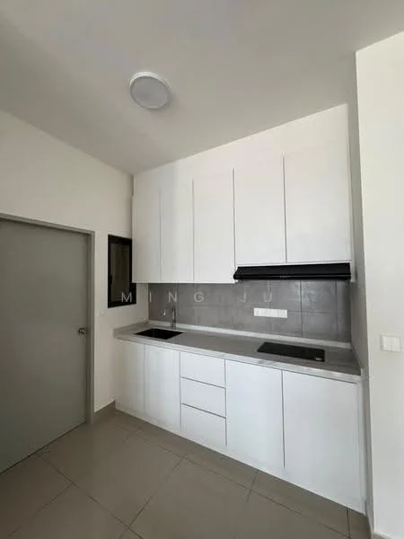 Kitchen features: white cabinetry, grey backsplash, stainless-steel sink, chrome pull-down faucet, built-in stove, built-in oven, countertop with grey surface, tile flooring, recessed ceiling light; style: modern.