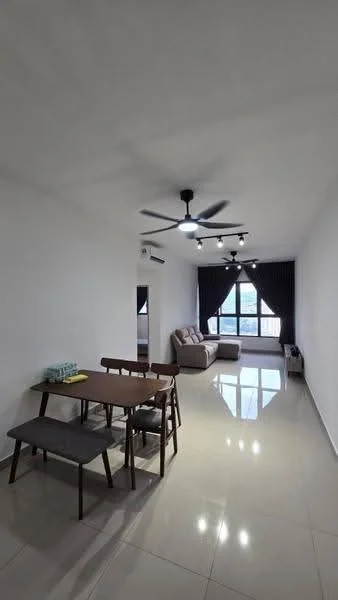 Living features: white painted walls, polished ceramic tile flooring, 5-blade ceiling fan with light, sofa in beige, dining table with 4 chairs, large window with black curtains, air conditioning unit, decorative wall light; style: modern; view: city.