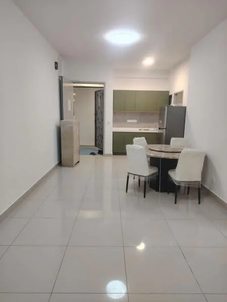 Dining features: round dining table, 4 upholstered dining chairs in white, white painted walls, tile flooring, recessed ceiling light, open layout to kitchen, kitchen cabinetry visible in background, stainless-steel fridge visible in background; style: modern.
