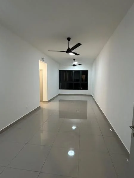 Room features: white painted walls, glossy grey tile flooring, 2 ceiling fans, large window, recessed lighting, no visible furniture, neutral color scheme, open layout; style: modern.