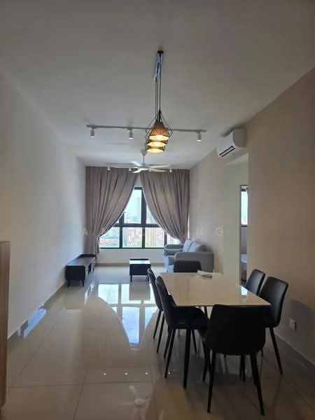 Living features: white painted walls, glossy tile flooring, 5-blade ceiling fan with light, recessed downlights, large window with city view, curtains, sofa in dark color, dining table with 6 chairs, decorative pendant light; style: modern; view: city.