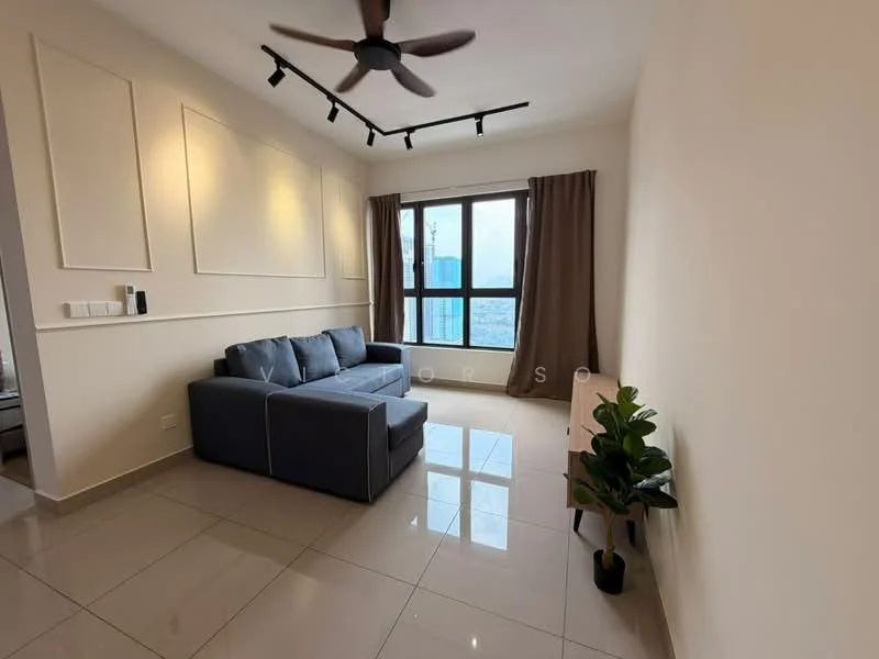 Living features: grey fabric L-shape sectional sofa, floor-to-ceiling windows, curtains in brown, recessed LED downlights, 5-blade ceiling fan, polished ceramic tile flooring, decorative wall panels, wall-mounted TV console, indoor plant in ceramic pot; style: modern; view: city.
