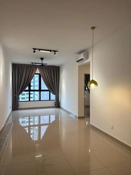 Living features: white painted walls, glossy ceramic tile flooring, recessed downlights, 5-blade ceiling fan, gold pendant light, floor-to-ceiling windows, sheer curtains, air conditioning unit; style: modern; view: city.