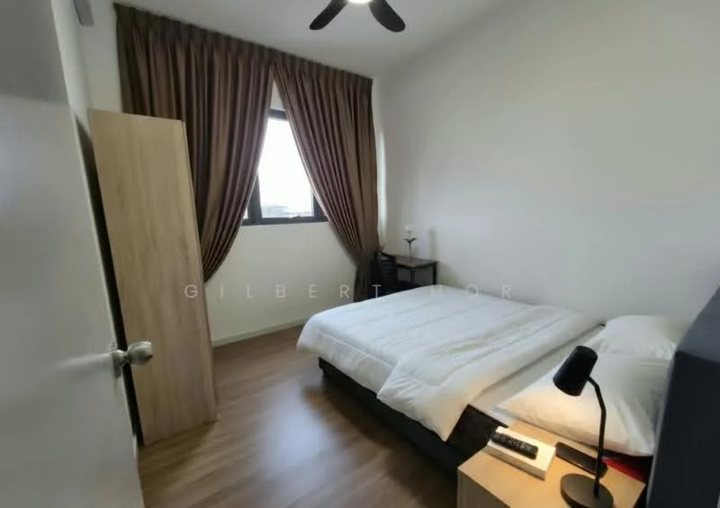 Bedroom features: queen-size bed with white bedding, wooden bedside table, black table lamp, floor-to-ceiling window with brown curtains, wooden wardrobe, light wood flooring, wall-mounted TV, ceiling fan; style: modern.