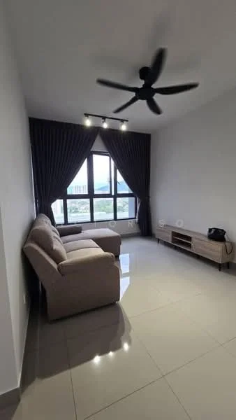 Living features: 2-seater fabric sofa in beige, 5-blade ceiling fan with light, floor-to-ceiling windows, dark brown curtains, glossy ceramic tile flooring, neutral painted walls, wall-mounted TV console, city view; style: modern; view: city.