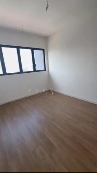 Room features: light wood laminate flooring, white painted walls, large windows, natural light, ceiling light fixture, no visible furniture; style: modern.