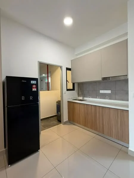 Kitchen features: black fridge, wood cabinetry, light grey upper cabinets, white countertop, grey tile backsplash, stainless-steel sink, single-bowl sink, built-in stove, recessed ceiling lights, ceramic tile flooring; style: modern.