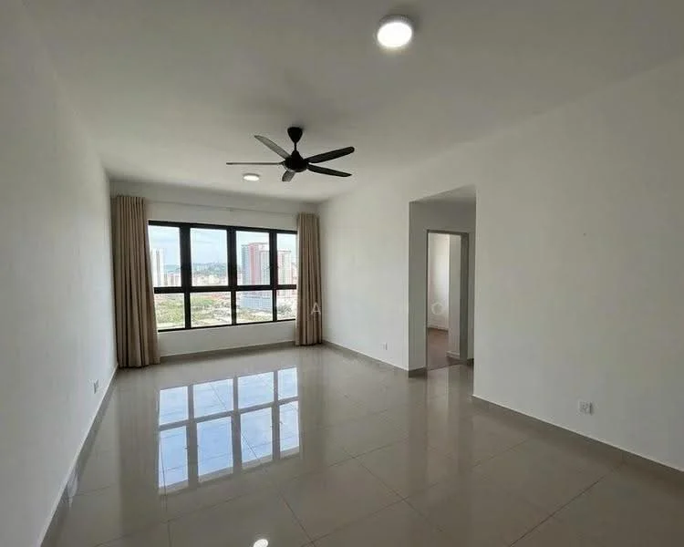 Living features: white painted walls, glossy ceramic tile flooring, 5-blade ceiling fan with light, floor-to-ceiling windows, curtains, natural light, city view, recessed downlights; style: modern; view: city.
