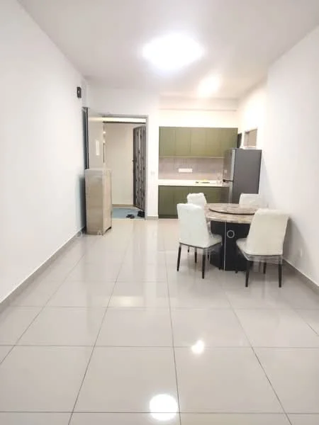 Dining features: round dining table, 4 upholstered dining chairs in white, white painted walls, glossy tile flooring, recessed ceiling lights, open layout, kitchen area visible in background, fridge visible in background; style: modern. Kitchen features: green cabinetry, countertop, kitchen appliances visible; style: modern.