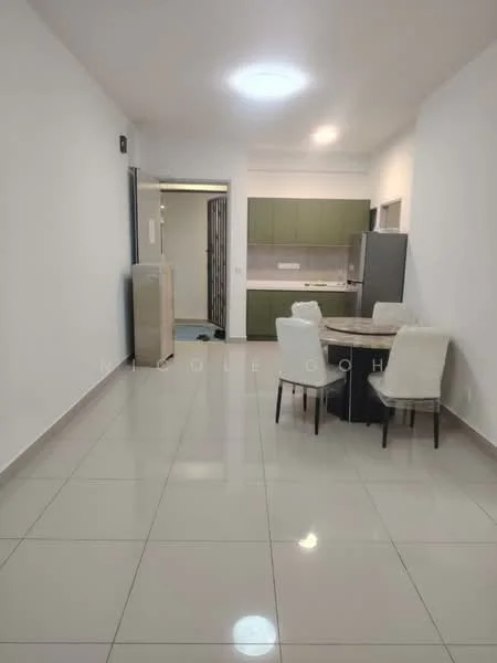 Dining features: square dining table, 4 upholstered dining chairs, white walls, glossy tile flooring, recessed ceiling lights, kitchen area visible in background, green cabinetry in kitchen, stainless-steel fridge; style: modern.