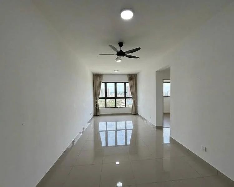 Living features: white painted walls, glossy ceramic tile flooring, 5-blade ceiling fan, floor-to-ceiling windows, curtains, natural light, neutral color scheme, open layout; style: modern; view: city.