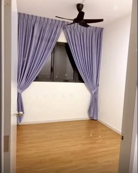 Bedroom features: light wood laminate flooring, white painted walls, floor-to-ceiling window, purple curtains, 5-blade ceiling fan; style: modern.