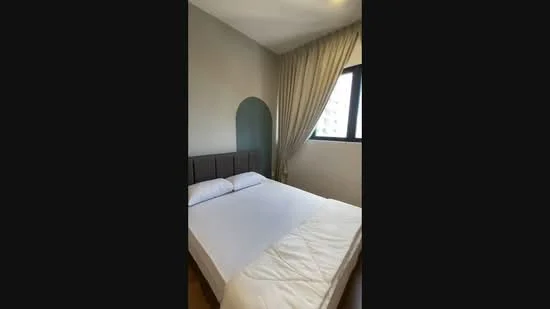 Bedroom features: queen-size bed, upholstered headboard, white bedding, floor-to-ceiling window, sheer curtains, light grey painted walls, wooden flooring, recessed ceiling lights, decorative archway; style: modern; view: city.