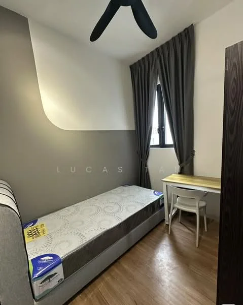 Bedroom features: single bed with mattress, grey accent wall, white painted walls, wooden flooring, floor-to-ceiling window, sheer curtains, ceiling fan, study desk, white chair; style: modern.