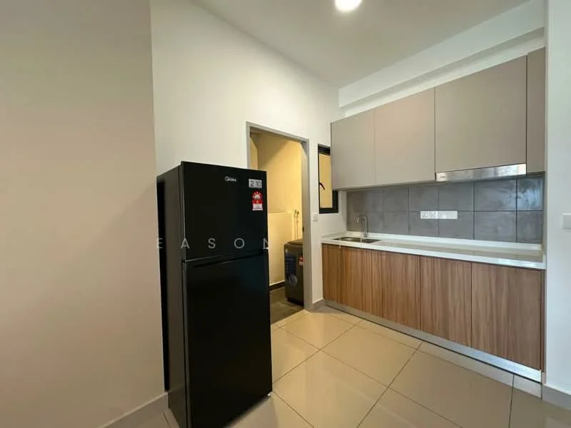 Kitchen features: black fridge, built-in cabinetry in light grey, wooden lower cabinetry, stainless-steel sink, chrome faucet, grey tile backsplash, ceramic tile flooring, recessed lighting, washing machine, doorway to hallway; style: modern.
