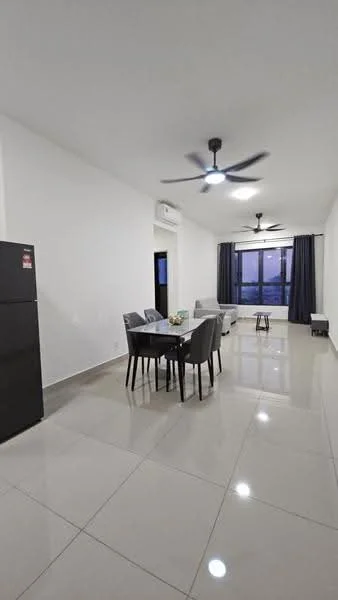 Living features: white painted walls, glossy ceramic tile flooring, 2 ceiling fans, sofa in light grey fabric, 4-seater dining table, black fridge, large window with dark curtains, small coffee table, decorative plant on table; style: modern.