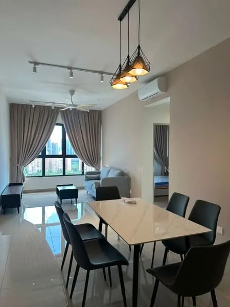 Living features: floor-to-ceiling windows, grey fabric sofa, 4-seater dining table, black dining chairs, pendant light fixture, recessed downlights, curtains, air conditioning unit, polished tile flooring, neutral wall color, decorative wall, city view; style: modern; view: city.
