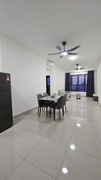 Living features: white painted walls, glossy ceramic tile flooring, 2 ceiling fans, floor-to-ceiling window, black fridge, dining table with 4 chairs, sofa, curtains, coffee table; style: modern.