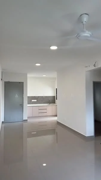Room features: white painted walls, grey tiled flooring, ceiling fan, recessed LED downlights, kitchen cabinetry with light-colored finish, kitchen countertop with grey surface, open layout, door with metal finish, window with natural light; style: modern.