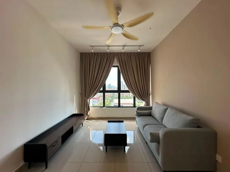 Living features: 3-seater fabric sofa in light grey, coffee table, TV console, floor-to-ceiling window, sheer curtains, dropped ceiling with recessed lighting, ceiling fan with light, glossy tile flooring, beige painted walls; style: modern; view: city.