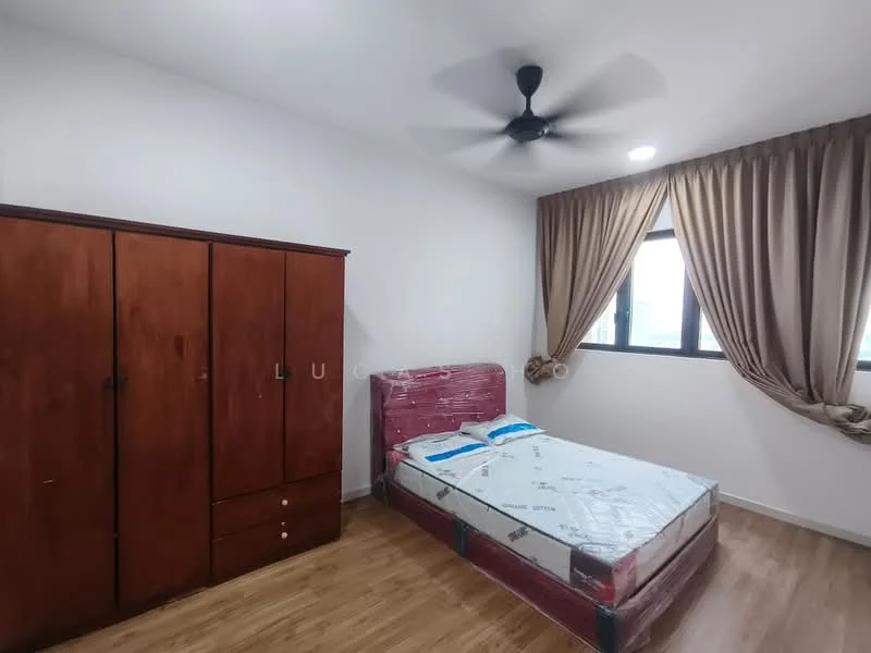 Bedroom features: queen-size bed, upholstered headboard, wooden wardrobe with sliding doors, wooden flooring, ceiling fan, curtains, floor-to-ceiling window, wall-mounted light fixture; style: modern.