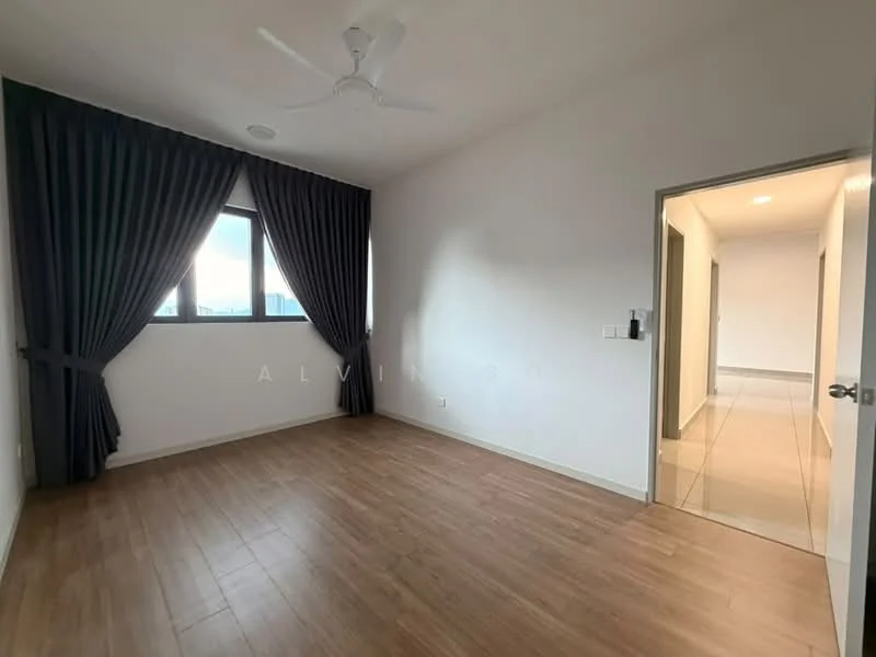 Room features: light wood flooring, white painted walls, floor-to-ceiling window, dark grey curtains, ceiling fan, doorway leading to another room, neutral lighting, no visible furniture; style: modern; view: city.